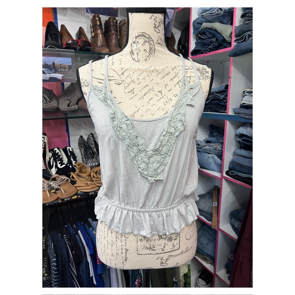 Mystree Light Sage Green Lace-Trim Peplum Tank Top